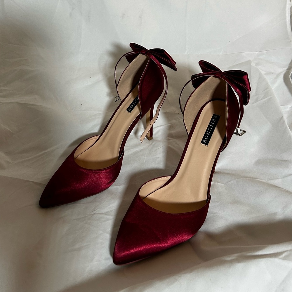 Burgundy Satin Heels with Bow by Unknown